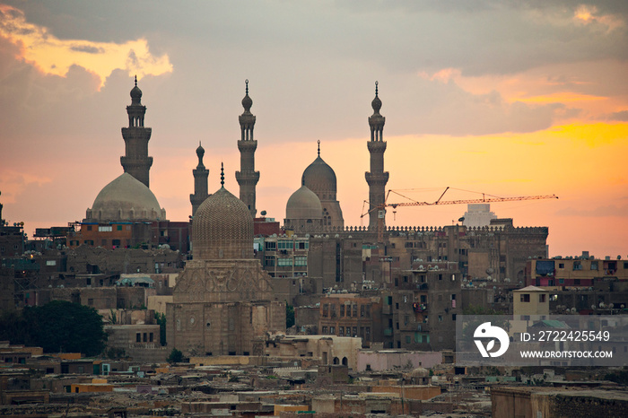 Cairo skyline at sunset, view of old and Coptic Cairo from the bridge, Egypt