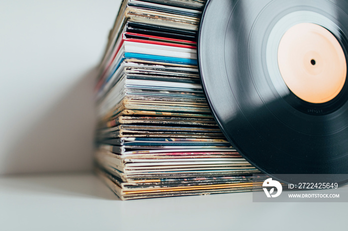 Close up of stack of vinyl records collection