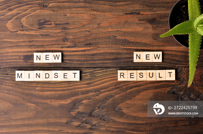 new mindset new result, text words typography on wooden background, life and business motivational inspirational concept