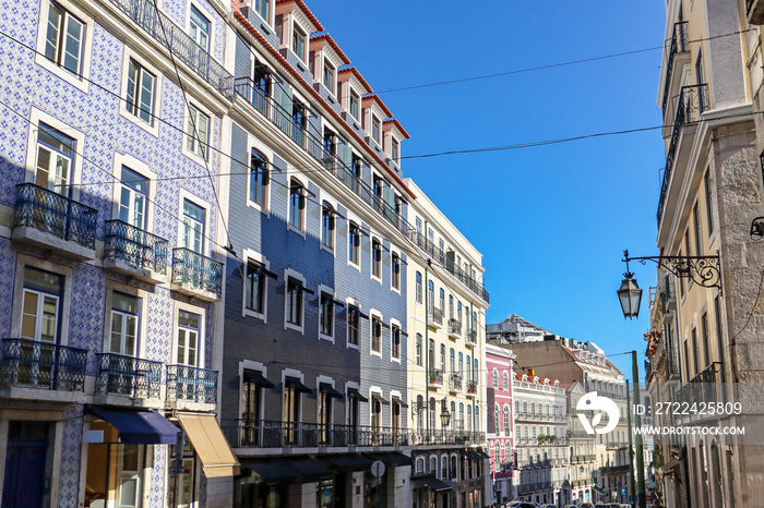 View to the Bairro Alto district in the historic center of Lisbon, traditional facades in the streets of the old town, Portugal Europe