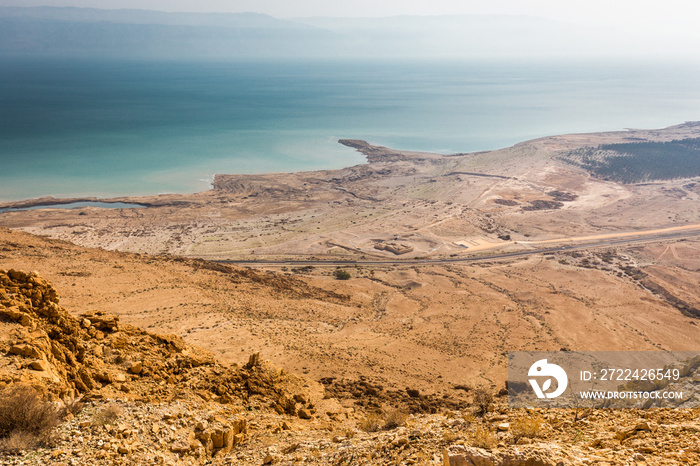 Dead sea coastline view high angle from above, old ruins.