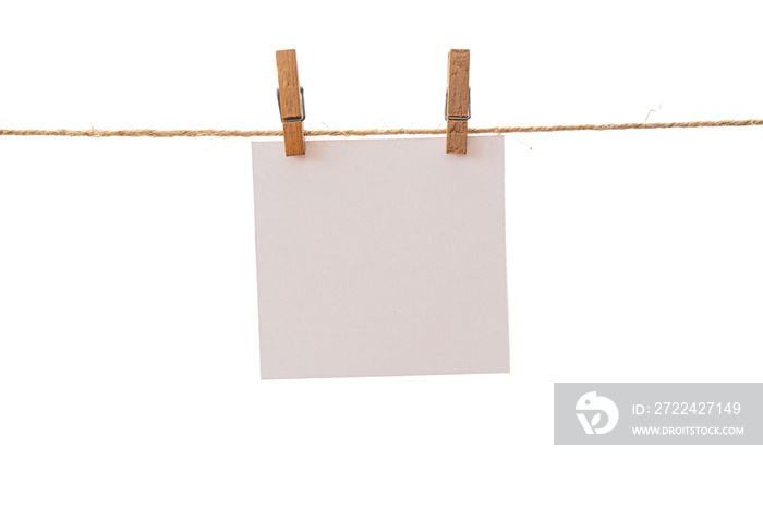 frames that hang on a rope with clothespins and isolated on white. Blank cards on rope mockup template, clipping path.