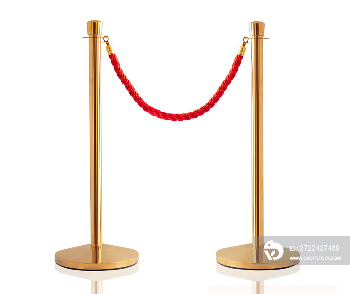 Golden barrier with red rope isolated on white background. Red rope barrier with golden stanchions. Velvet fence for entrance to cinema, club, theater and vip hall.