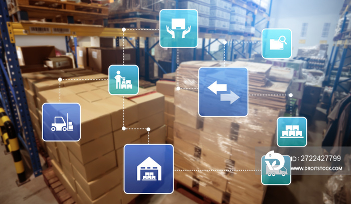 Smart warehouse management system with innovative internet of things technology to identify package picking and delivery . Future concept of supply chain and logistic network business .