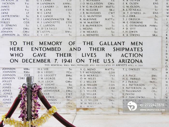 Memorial sign to soldiers who fought and died on the USS Arizona at Pearl Harbor in 1941