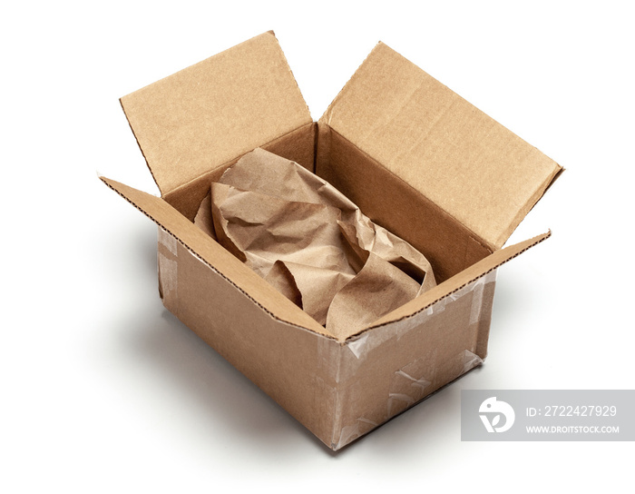 Open cardboard box with wrapping paper inside. Isolated on a white background. mock-up.