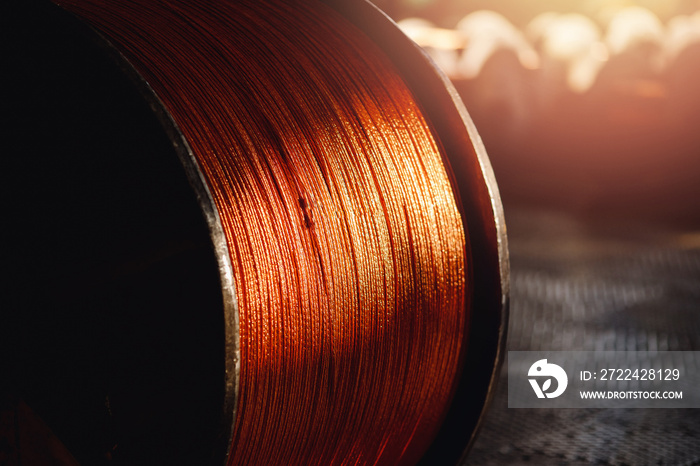 Production of copper wire, bronze cable in reels at factory