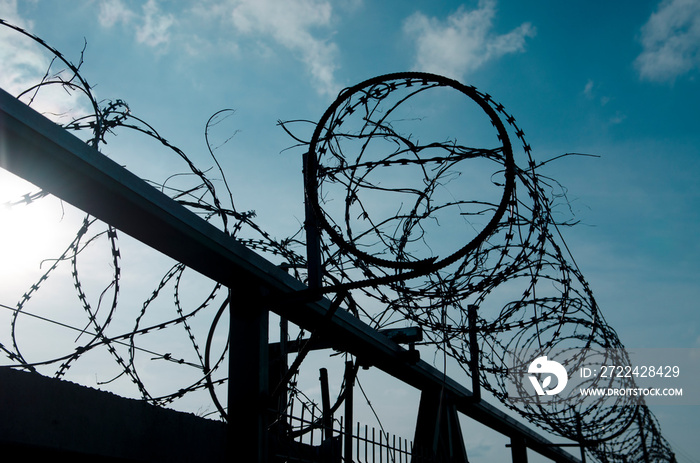 Metal barbed wire on a blue sky with white clouds