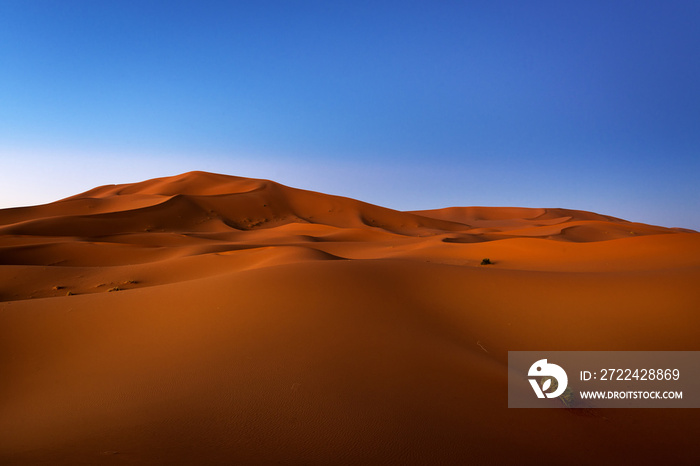 View of the dunes at dawn in Erg Chebbi near Merzouga in Morocco, North Africa; Concept for travel in Morocco