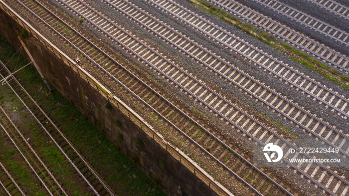 Aerial view on many train tracks.