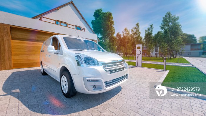 Electric van charging with private home charger 3d rendering