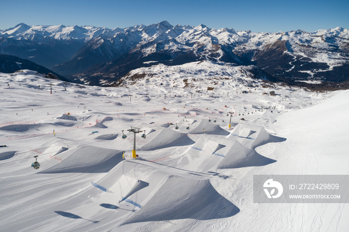 Winter in Ursus Snowpark Aerial Drone Madonna di Campiglio Italy Dolomites Trentino