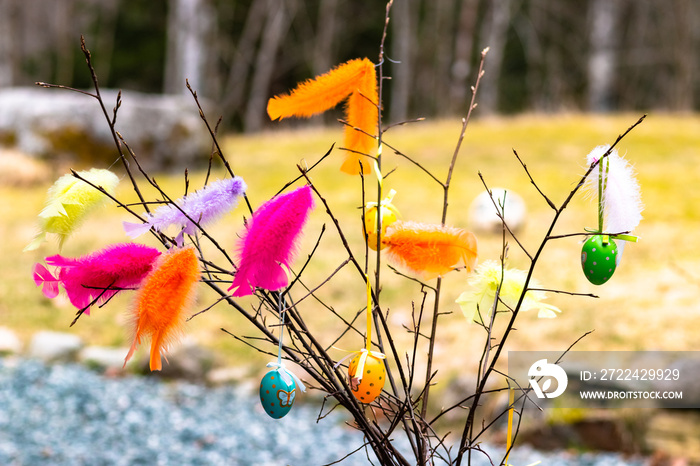 Colorful Easter decoration made of colored feathers and colored Easter eggs