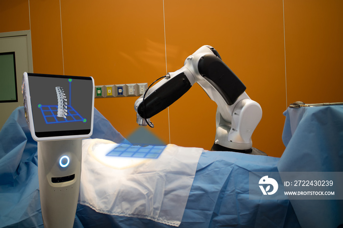 the robot assistant in medical technology use for scan a patient before spinal surgery and send the data of 3d spinal to the monitor on robot it help to pinpoint instrument accuracy for quicker, safer