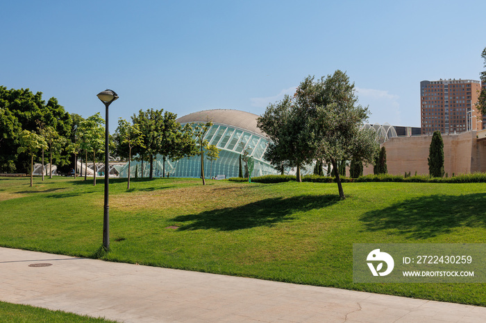 View of Hemisferic Cinema Modern Building in Valencia from Turia Park, Spain