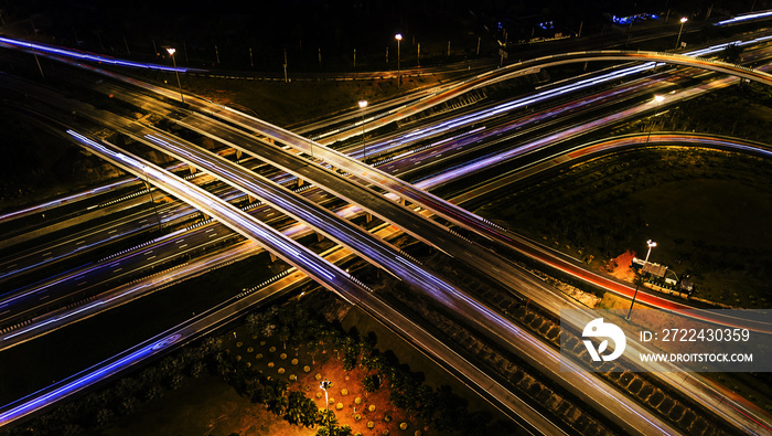 over Road city highway at night - Bird eye viwe - drone -Top view