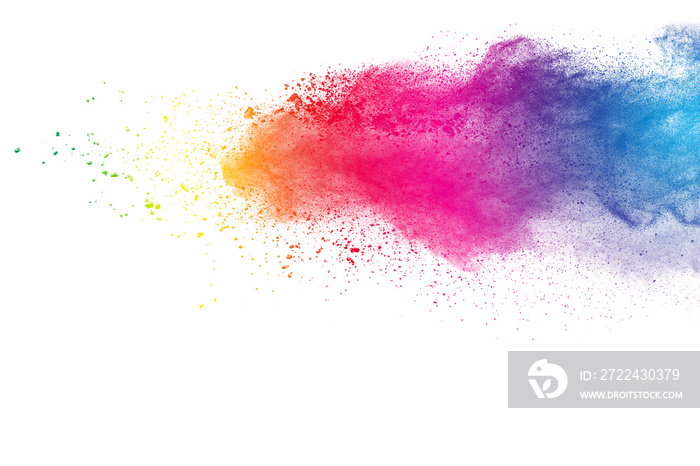 Multicolored powder explosion on white background.