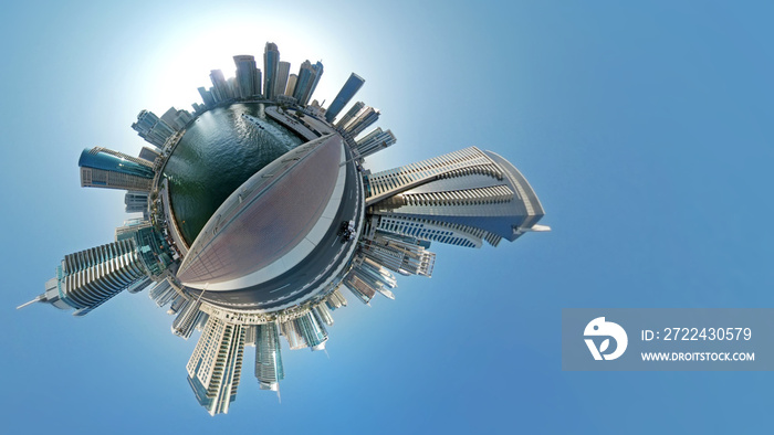 Little planet, view of the Dubai center with futuristic skyscrapers