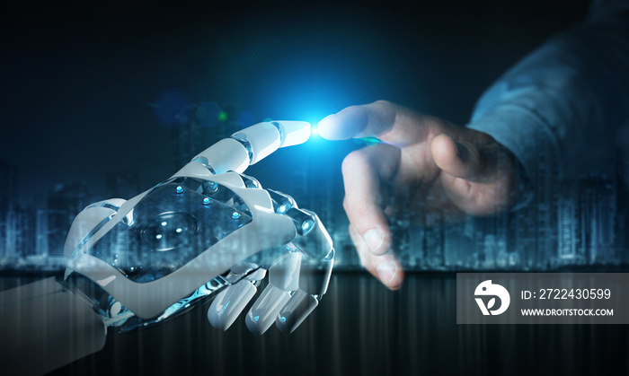 Robot hand making contact with human hand on dark background 3D rendering