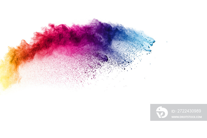 Colorful powder explosion on white background. Pastel color dust particle splashing.