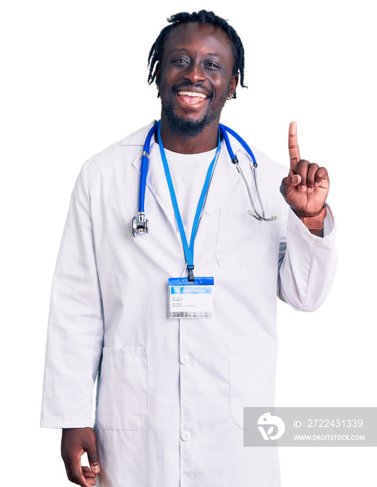 Young african american man with braids wearing doctor stethoscope and id pass pointing finger up with successful idea. exited and happy. number one.