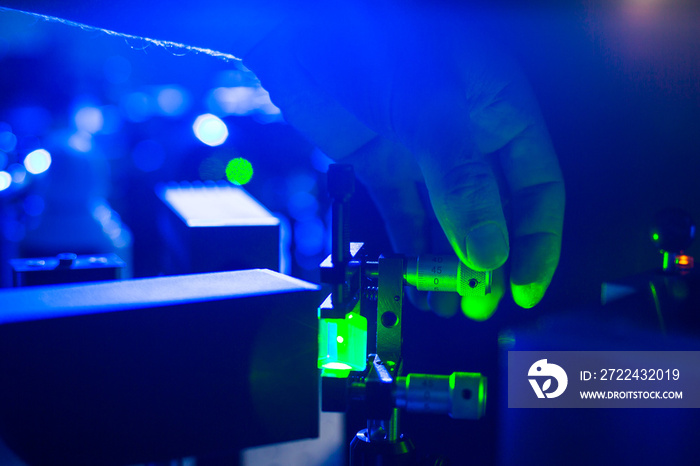 Lasers in a quantum optics lab - Researchers carrying out experiments using lasers