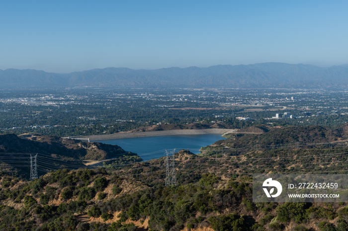 Scenic aerial view of the Encino Reservoir and San Fernando Valley, Los Angeles, California