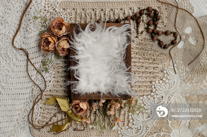 Newborn digital backdrop on boho concept background. Newborn background. top view.