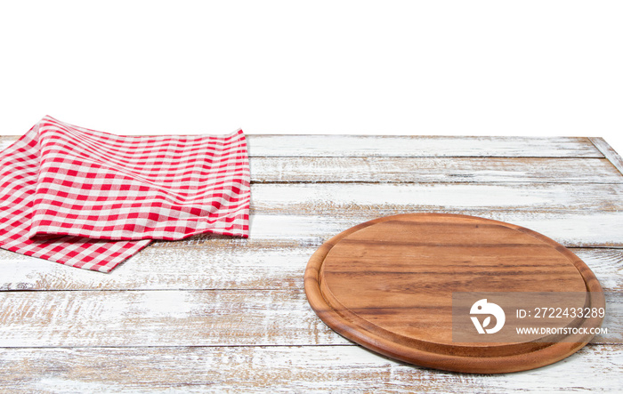 empty pizza board and tablecloth on table isolated on white background copy space