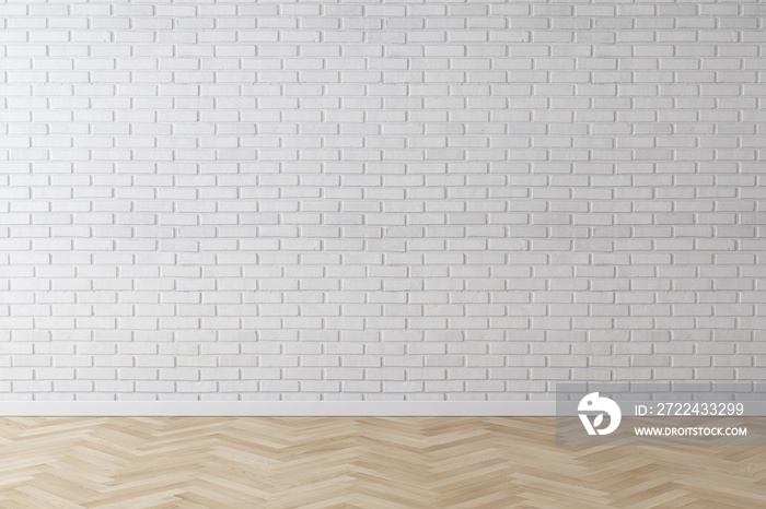 White wall brick background with herringbone wood floor