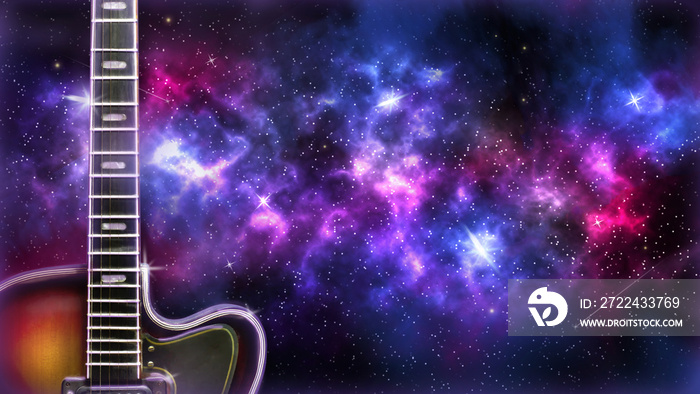 Old electric guitar on the cosmic, starry sky. Music background, cover, banner. Copy space.