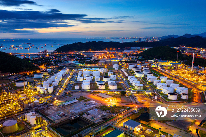 Aerial view of Oil refinery at twilight.