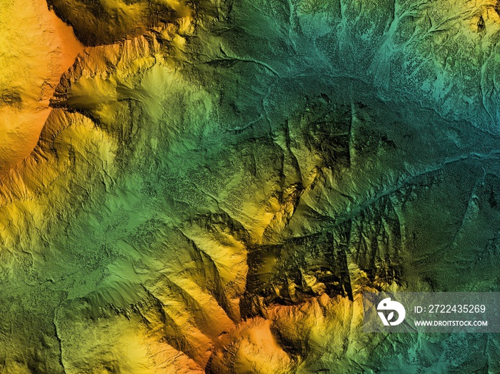 Digital elevation model. GIS product made after proccesing aerial pictures taken from a drone. It shows high rocky and steep mountain peaks. At their feet are visible valleys and mountain lakes