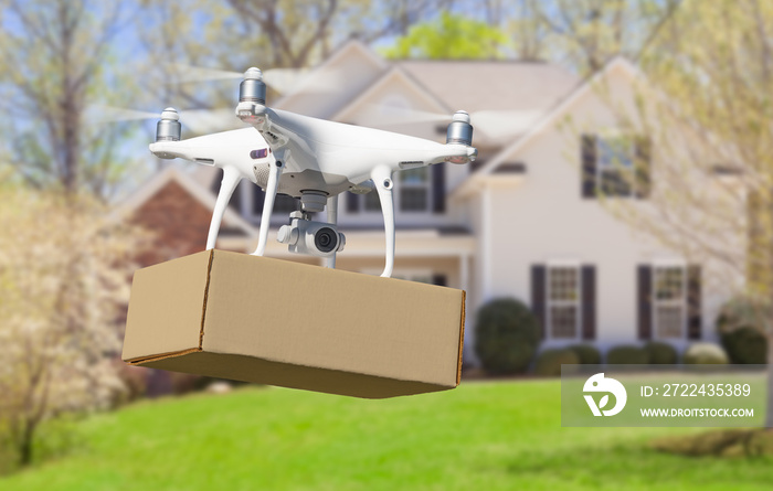 Unmanned Aircraft System (UAV) Quadcopter Drone Delivering Package To House