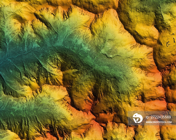 Digital elevation model. GIS product made after proccesing aerial pictures taken from a drone. It shows high rocky and steep mountain peaks. At their feet are visible valleys and mountain lakes