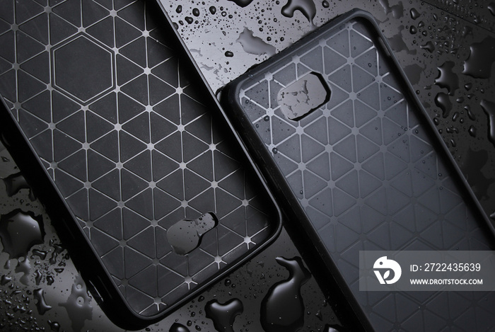 Protective smartphone cases on black background  with water drops.  Protect your smartphone from water.