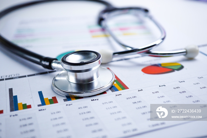 Stethoscope, Charts and Graphs spreadsheet paper, Finance, Account, Statistics, Investment, Analytic research data economy spreadsheet and Business company concept.