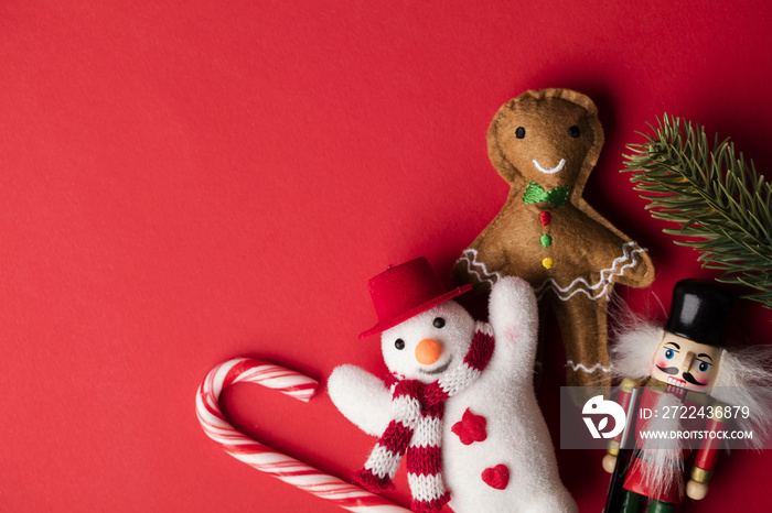 Christmas background with snowman gingerbread man and nutcracker