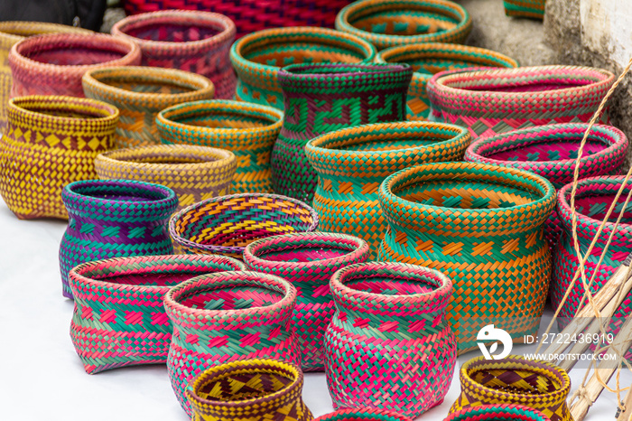 Colorful straw baskets are artifacts produced by indigenous cultures and are part of Brazil’s national handicrafts.