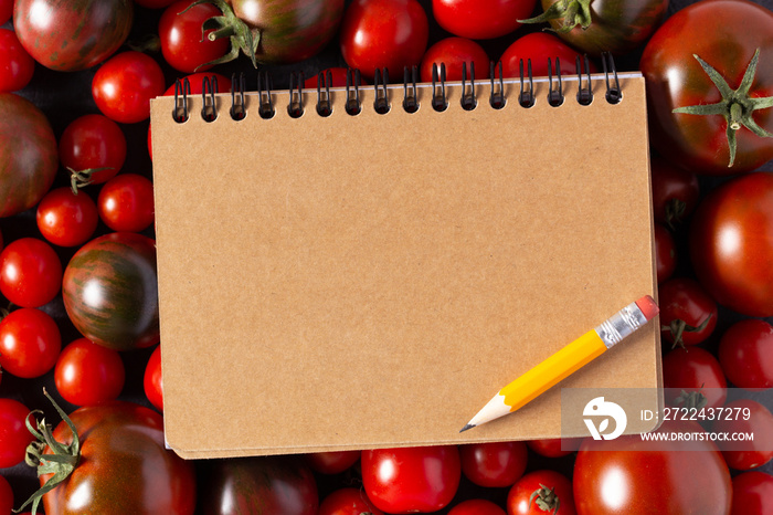 Cookbook and fresh tomato on table. Tomatoes with recipe book at tabletop top view