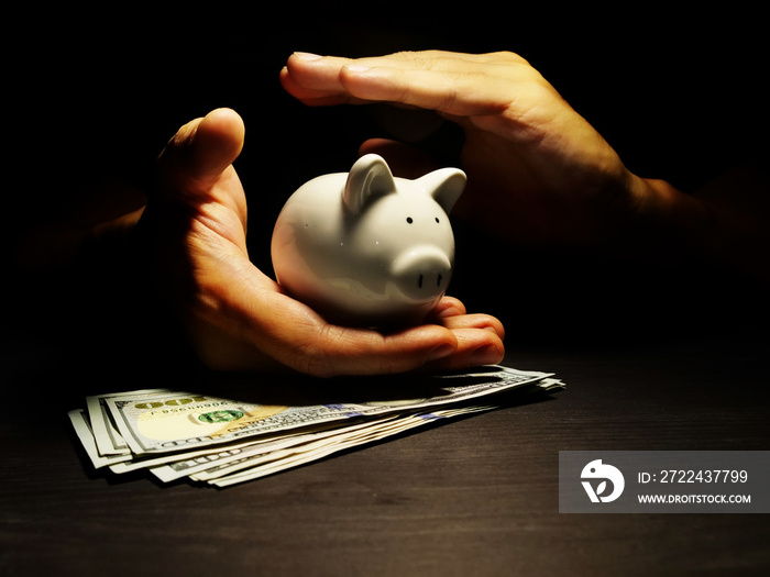 Savings protection. Hands protect piggy bank with dollars. Savings protection.