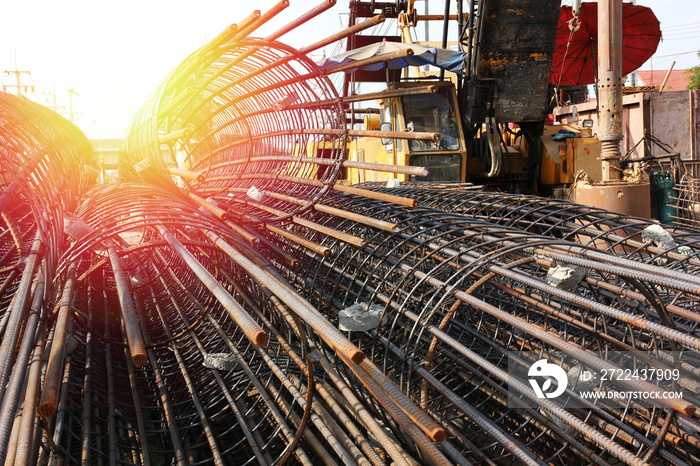 close up group of steel structure make for bored pile in big construction site