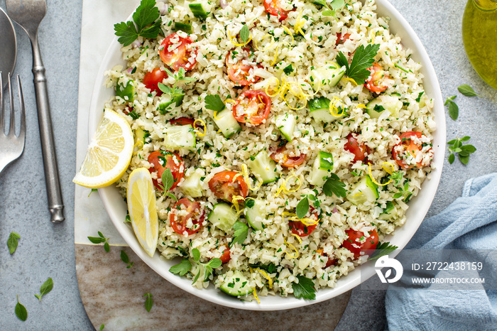 Tabbouleh salad with cauliflower rice and vegetables