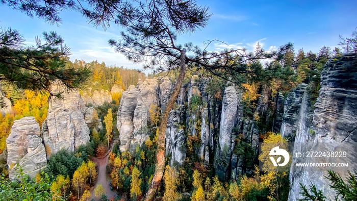 Magical autumn view of Prachov Sandstones, Bohemian paradise (Prachovské skály, Český ráj). High sandstone rocks, Czech Republic.