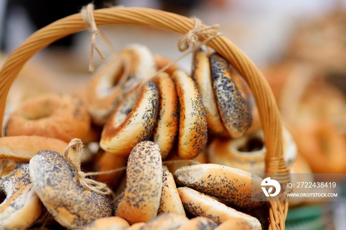 Loaves of organic bagels for sale at outdoor farmers market in Vilnius, Lithuania.