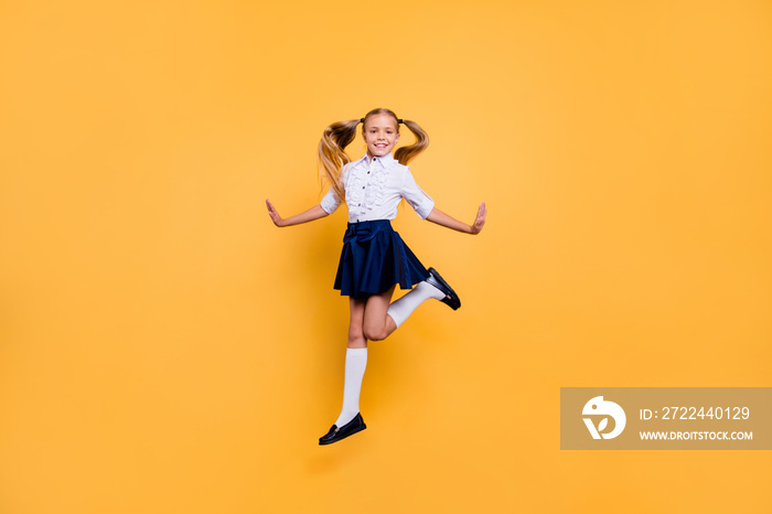 Summer holidays smart small people person concept. Full length body size studio photo portrait of nice glad cheerful excited schoolchild jumping up isolated bright pastel color background