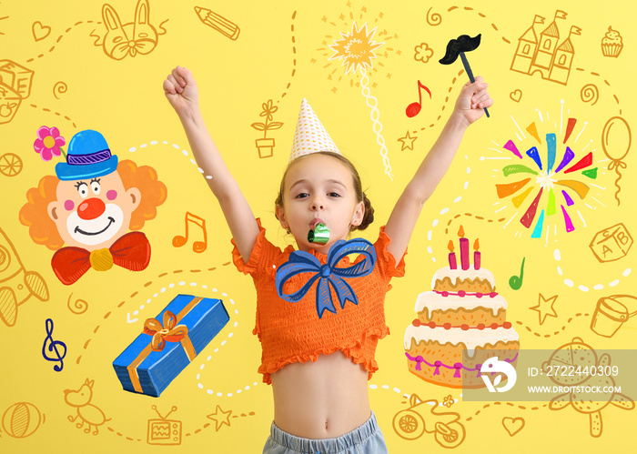 Cute little girl in party hat and with noise maker celebrating Birthday on yellow background