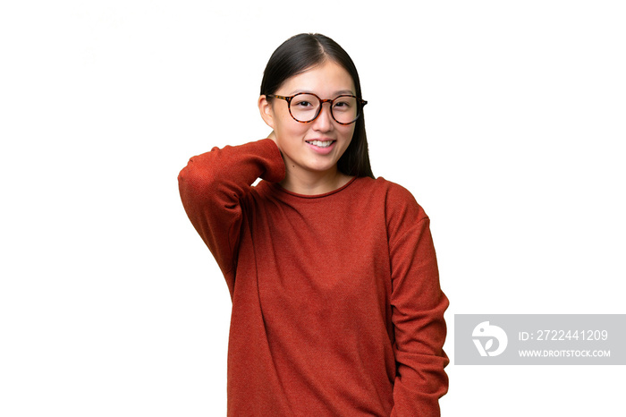 Young Asian woman over isolated background happy and smiling covering mouth with hand