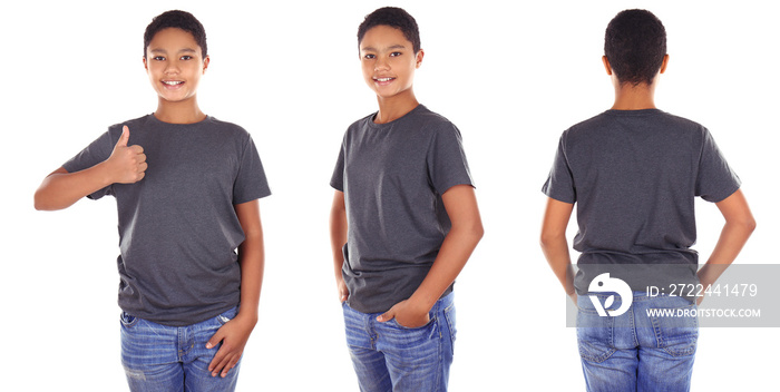 Different views of boy wearing t-shirt on white background