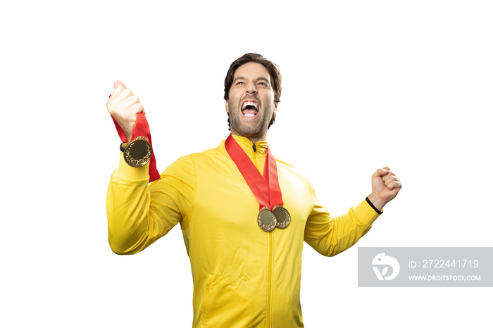 male athlete smiling after winning a gold medal in a white background